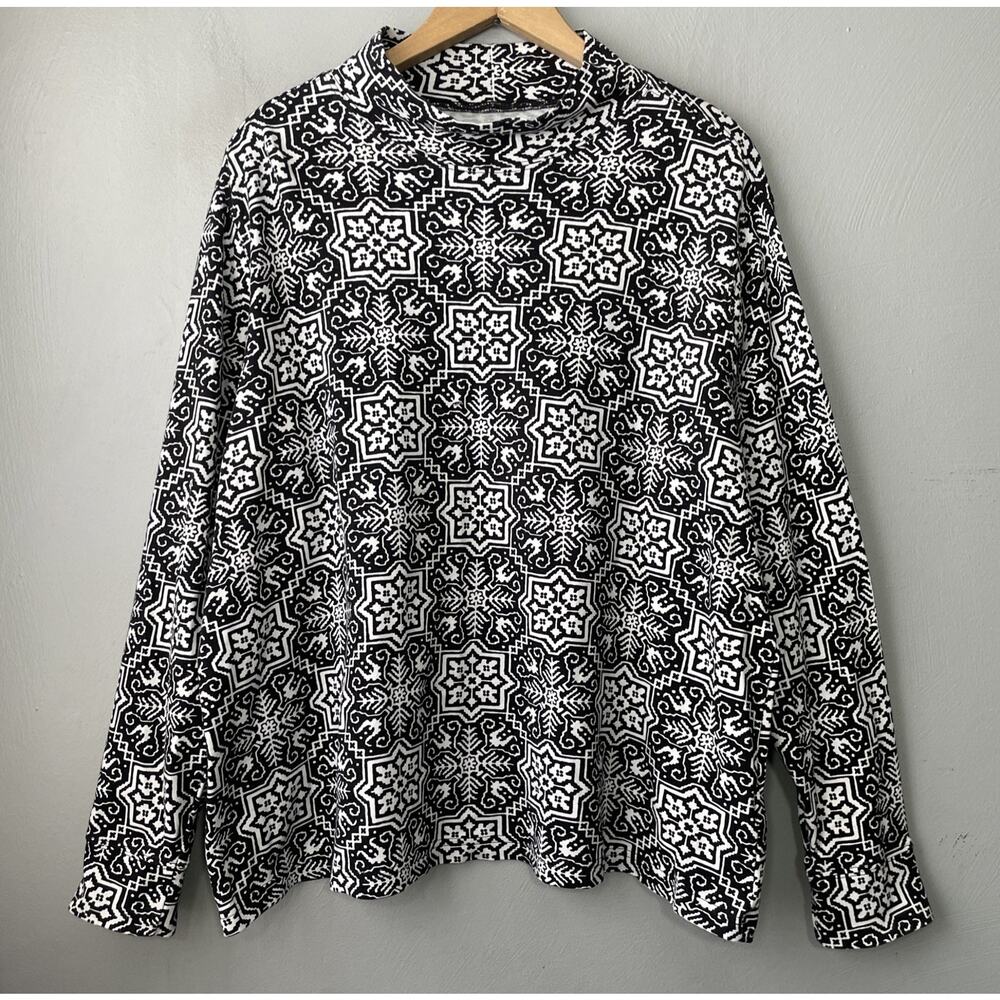 Lands End Turtleneck Plus Size 1X Black White Relaxed Fit Knit Shirt Snowflake